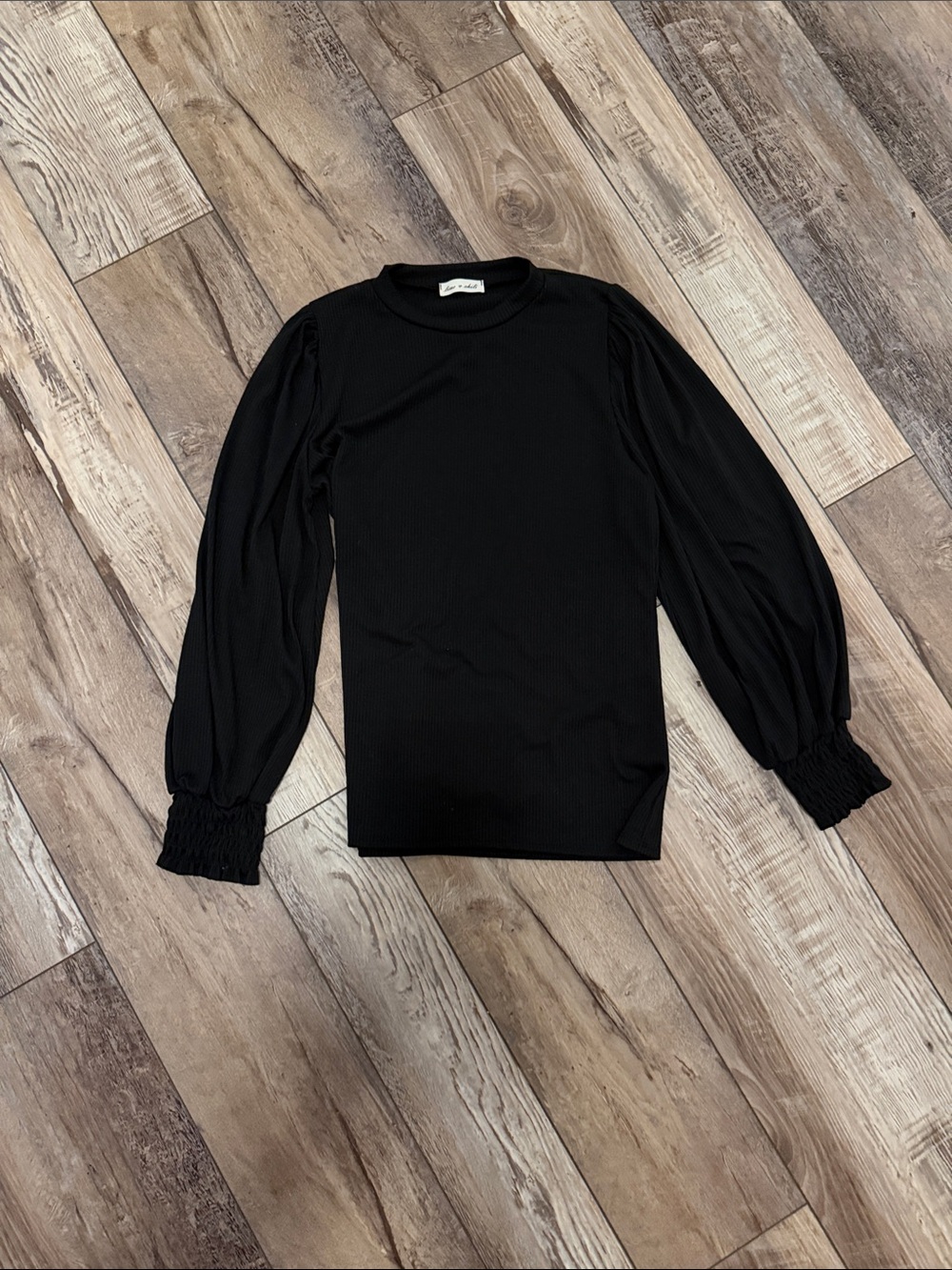 Smocked-Cuff Black Ribbed Puff-Sleeve Top